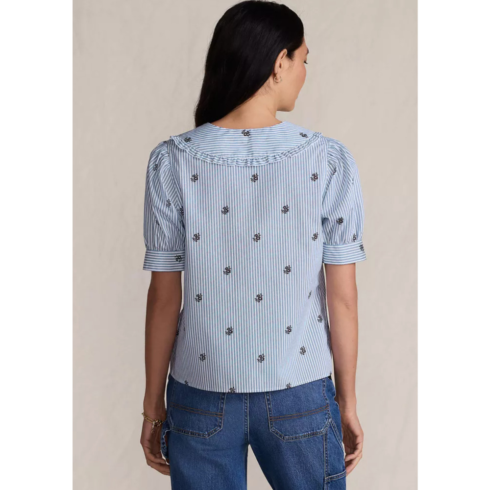 Lands End Women's L Cotton Puff Sleeve Statement Collar Shirt Blue White Stripe - Picture 2 of 15